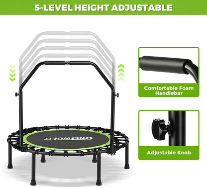 Trampoline – Opvouwbare Trampolinespringer – Fitness Rebounder – Indoor Buitenspeelgoed – Trainingsapparaat – Compact Draagbaar – Stabiel & Stil – Verstelbare Handrail & 8mm Elastische Bungeekoorden - QUORE