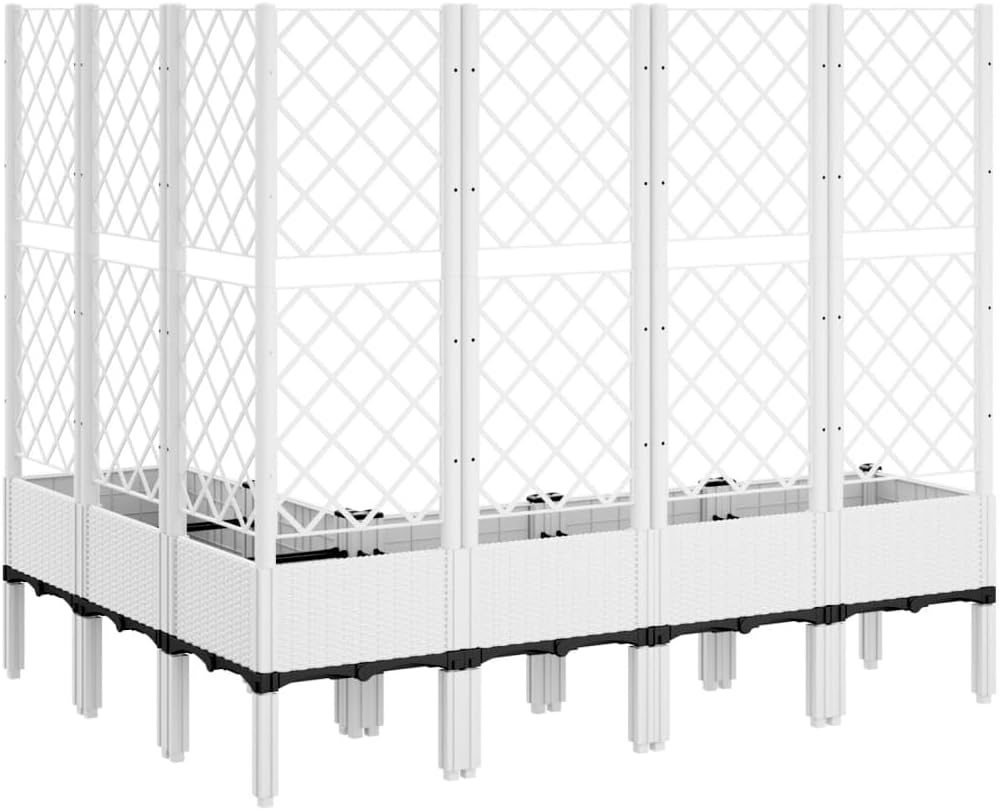 Flower Box for the Garden with Integrated Polypropylene Trellis Raised Design and Rattan Look, White, 160 x 120 x 142 cm, Ideal for Climbing Plants, Vegetables and Flowers - QUORE