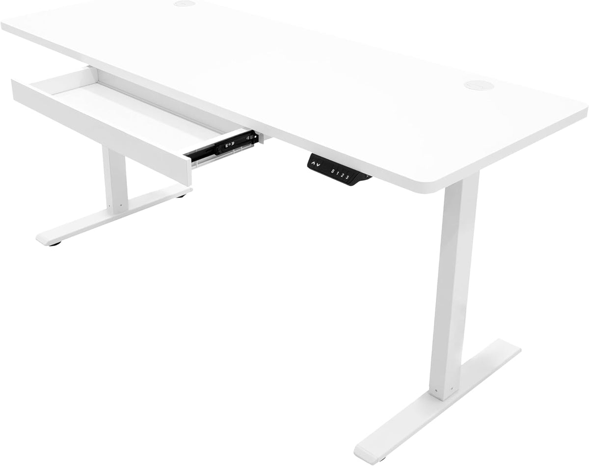 Electric Standing Desk 160 x 60cm White Height Adjustable Ergonomic Sit-to-Stand Computer Workstation Built-in Drawer USB A&C Charging Cable Pocket Hook Office Table Timer Smart Control Panel - QUORE