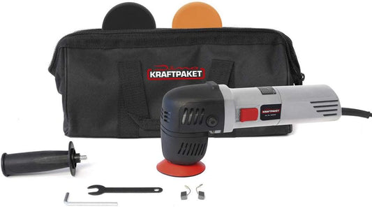 Dino KRAFTPAKET 640245 excentrische polijstmachine, 12 mm-710 W, traploos in set met 74 mm steunschijf, 2 x polijstpad, 75 mm polijstspons, tas voor auto, boot, doe-het-zelvers, grijs