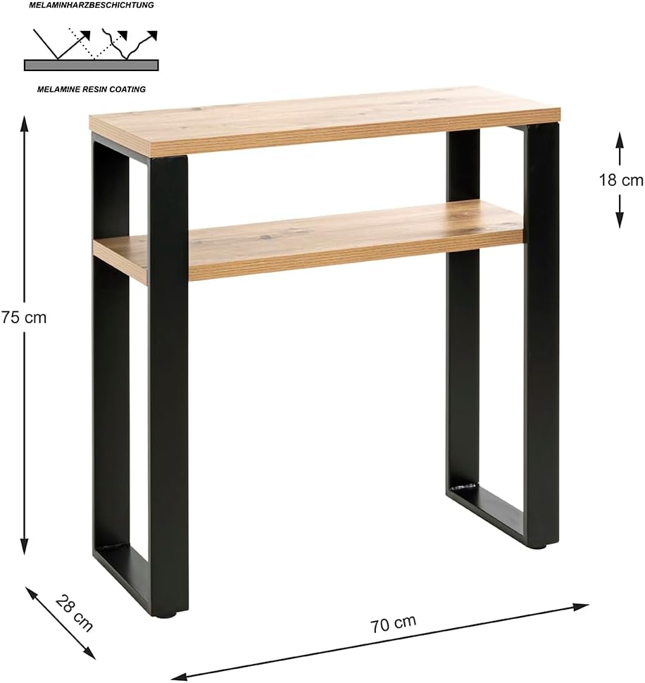 HAKU Console eiken, zwart, MDF, metaal - Maat: B 70 cm x H 75 cm x D 28 cm, Stijl: Modern