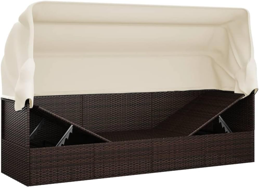 Outdoor Lounge Bed with Roof and Cushion, Brown Poly Rattan Sun Lounger with Both Sides Adjustable for Garden, Balcony, Patio, Camping, Swimming Pool - QUORE