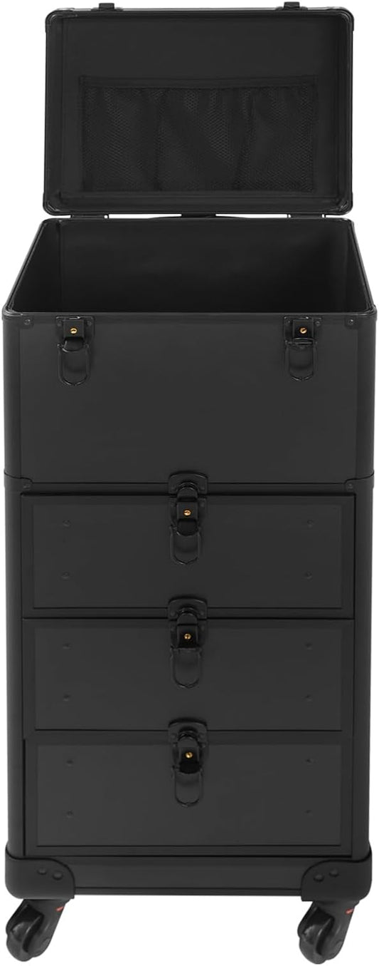 OUKANING Professional Makeup Case Trolley with Lock 3 Drawers and Telescopic Handle Shockproof Aluminium Cosmetic Case with 4 Wheels for Makeup Artists Travel Salon (Black, Shiny) - QUORE