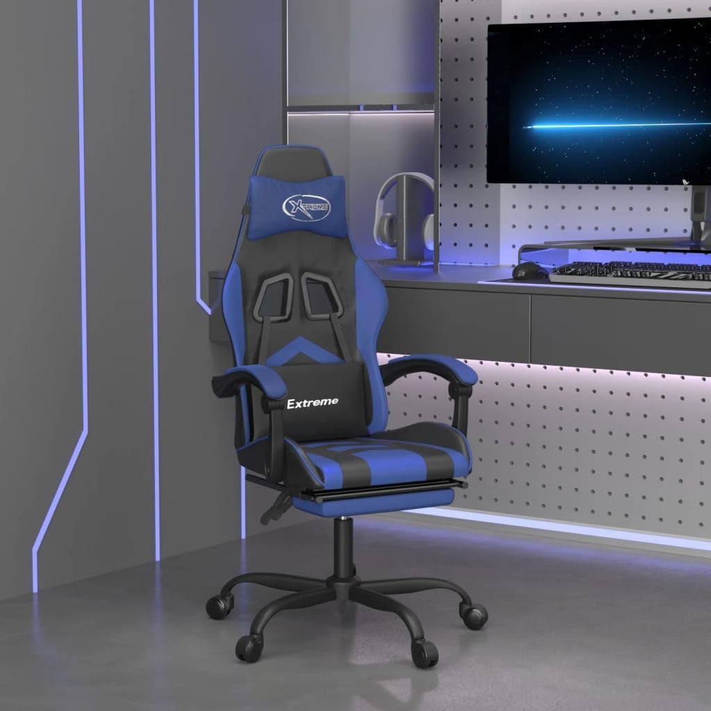 Gamingstoel – Gamestoel – Gaming Chair – Bureaustoel – Game Stoel – Kunstleer Zwart/Blauw – Verstelbare Rugleuning en Voetsteun