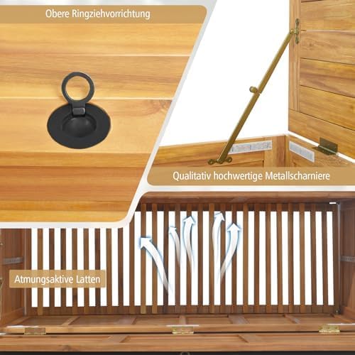 FANTASK Houten tuinbox, opbergbox met wieltjes, opbergdoos met waterdichte 2-in-1 afdekking en handvat, naturel