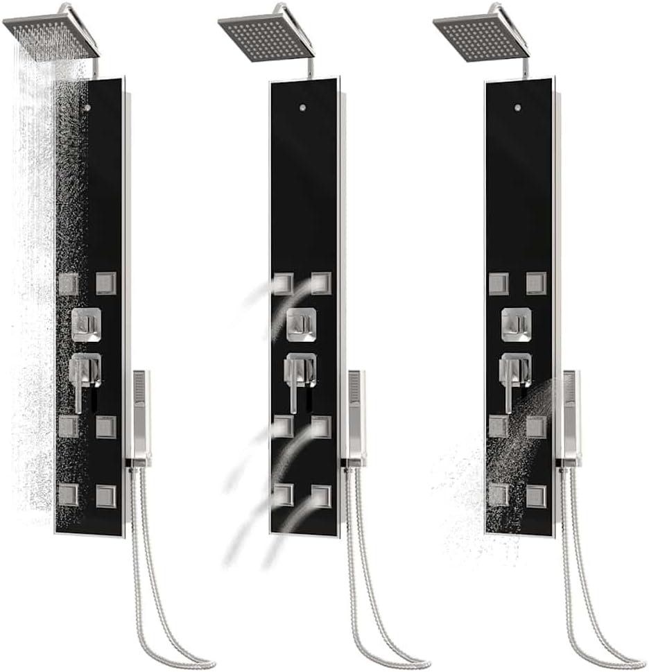 Douchepaneel – Douchezuil – Douchesysteem – Douchekolom – Regendouche – Roestvrij Staal & Gehard Glas – Zwart 18x45,5x130 cm