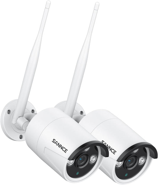 SANNCE AI Human Detection Wifi-bewakingscamera, 5 MP, 2 stuks, met audio-opname, IP66 waterdicht, ondersteunt Amazon Alexa