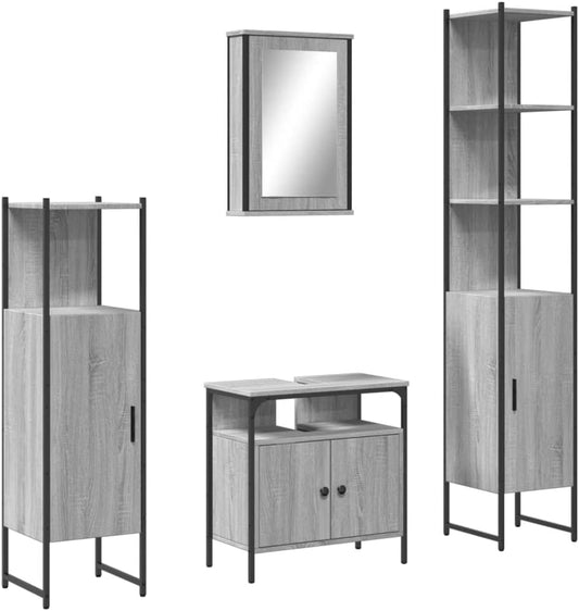 vidaXL 4 Piece Bathroom Furniture Set Processed Wood Grey Sonoma Oak Colour, Bathroom Set, Bathroom Cabinet, Vanity Unit, Washbasin, Bathroom Cabinet - QUORE