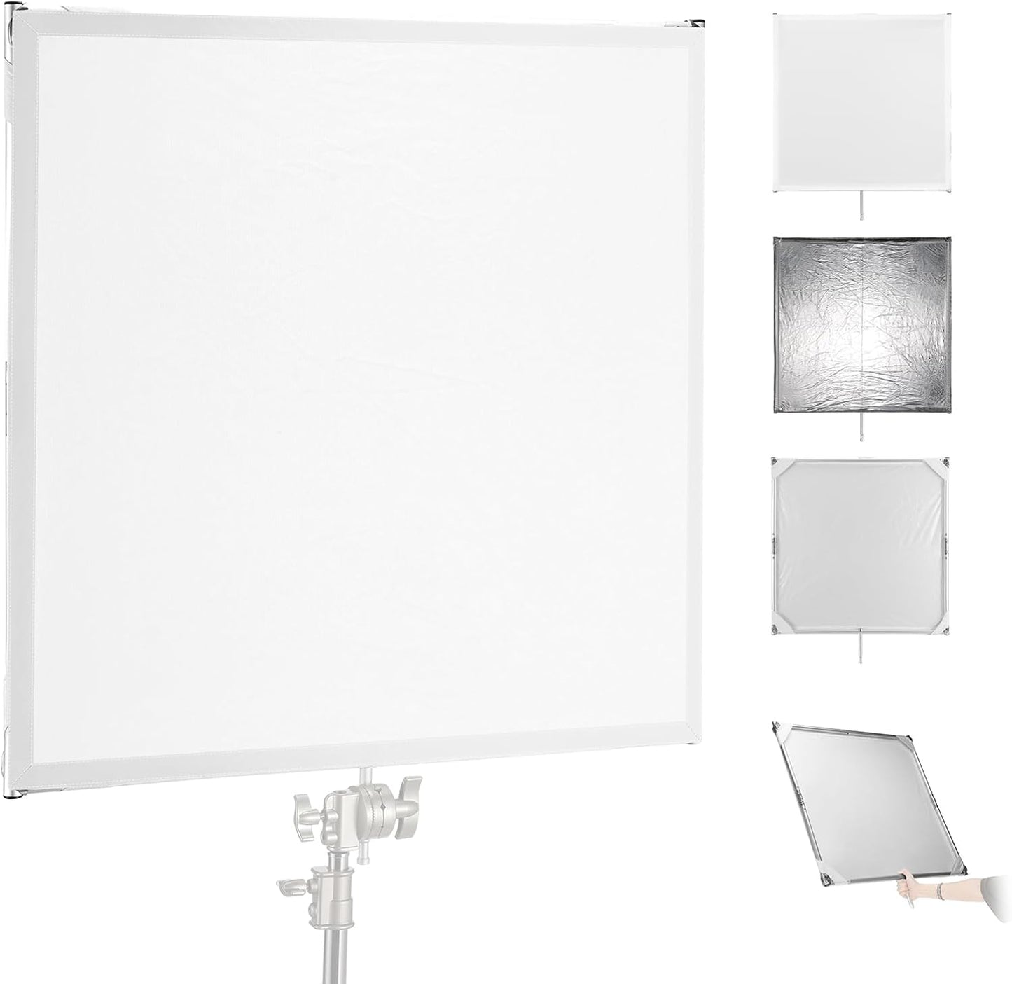 Lichtdiffusiepaneel – Diffusiescherm – Scrim – Diffuser – Lichtdoek – Zilver/Wit Omkeerbaar – 90 x 90 cm – Opvouwbaar Frame