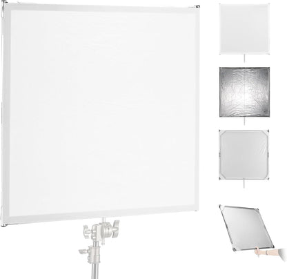 Lichtdiffusiepaneel – Diffusiescherm – Scrim – Diffuser – Lichtdoek – Zilver/Wit Omkeerbaar – 90 x 90 cm – Opvouwbaar Frame