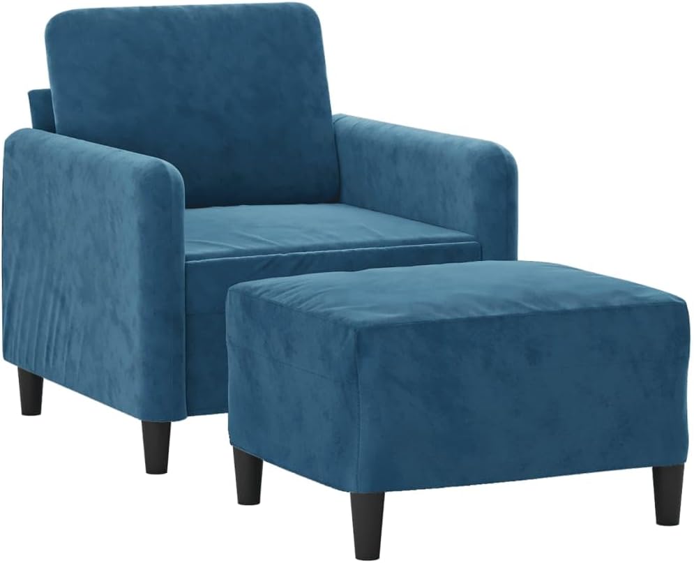 Armchair with ottoman, blue, 60 cm, velvet upholstery, comfortable reclining chair and footstool with robust frame for living room, modern design, durable velour