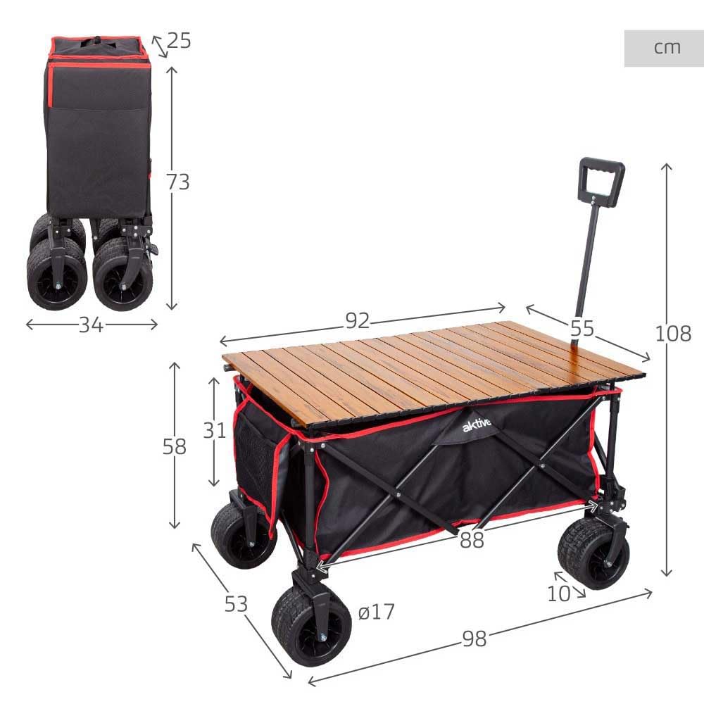 AKTIVE Strandtafelwagen, voor het transporteren van strand-, tuin- of campingaccessoires, zwart, 100 kg, stabiele 360° zwenkwielen met rem, meerhoekgreep, tas, afdekkingen, stoelframe (62373)