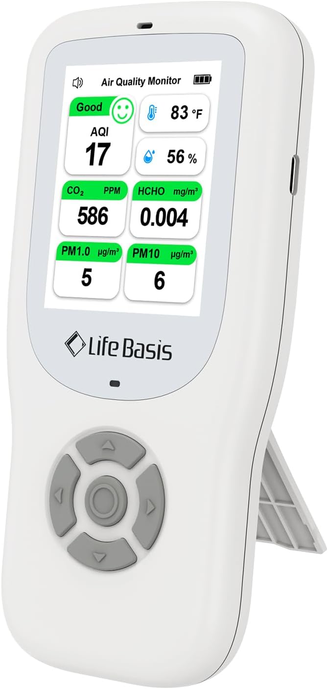 LifeBasis 10-in-1 luchtkwaliteitsdetector, formaldehyde-detector, AQI-vervuilingsmonitor met temperatuur en luchtvochtigheid voor het testen van PM2.5/PM10/HCHO/TVOC/CO2, USB-oplaadbaar, voor thuis en