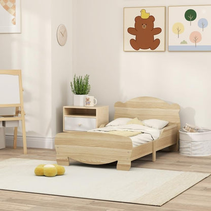 Children's Bed 143.5 x 80 cm, Solid Wood House Bed, Youth Bed with Fall Protection, Play Bed up to 80 kg, Single Bed with Bear Design, for Children's Room, Natural Wood - QUORE