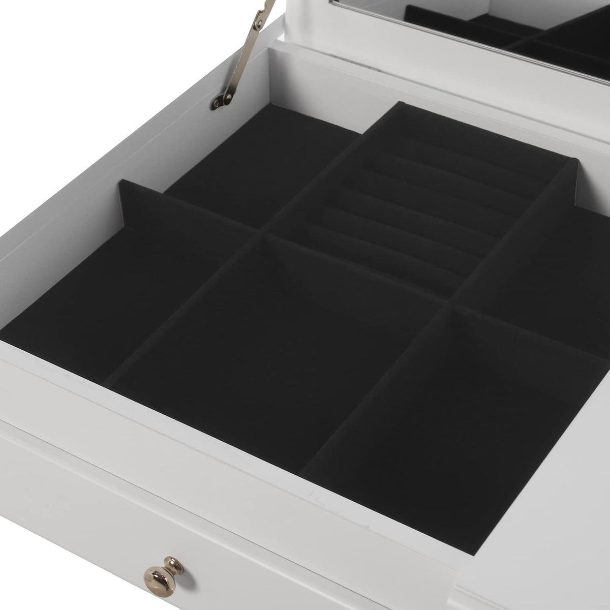 MESA TOCADOR MADERA BLANCO C/ESPEJO+TAPIZADO TAPIZADO GRIJS 80X40X74CM BANK: 36,5X29X46CM