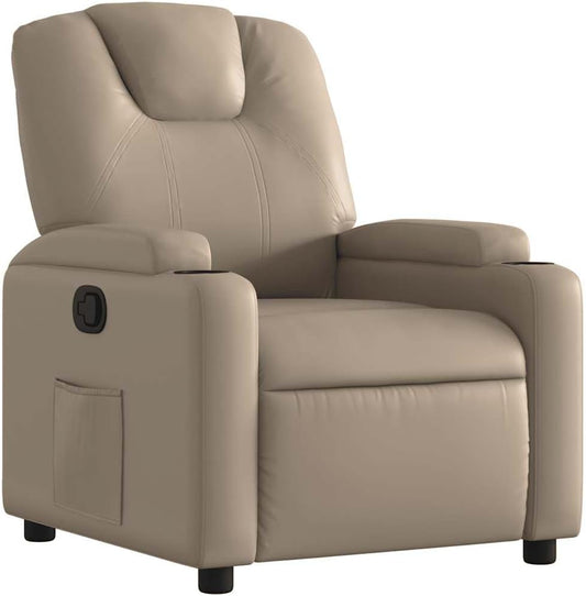 Fauteuil Verstelbaar – Relaxfauteuil – Relaxstoel – Armstoel – Leunstoel – Kunstleer Cappuccino – Handmatig Verstelbaar Tot 135° – Inclusief Bekerhouders En Zijvak