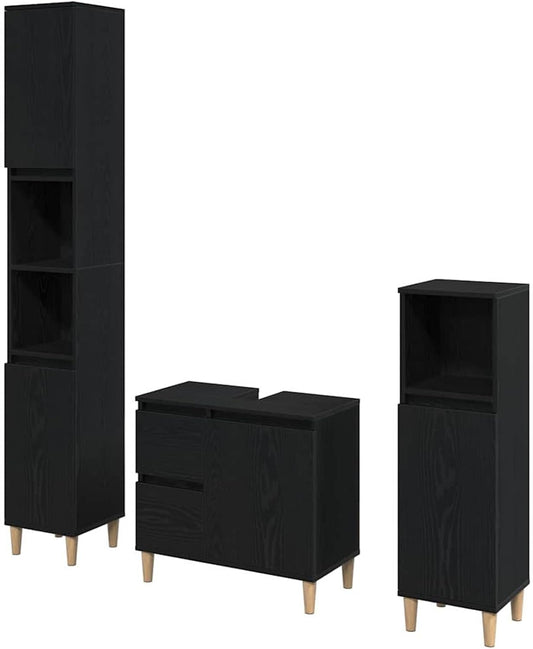 Gecheer 3 Piece Bathroom Cabinet Set Black Oak Wood Material Storage Shelf Bathroom Hallway Entrance Kitchen 3333086 - QUORE