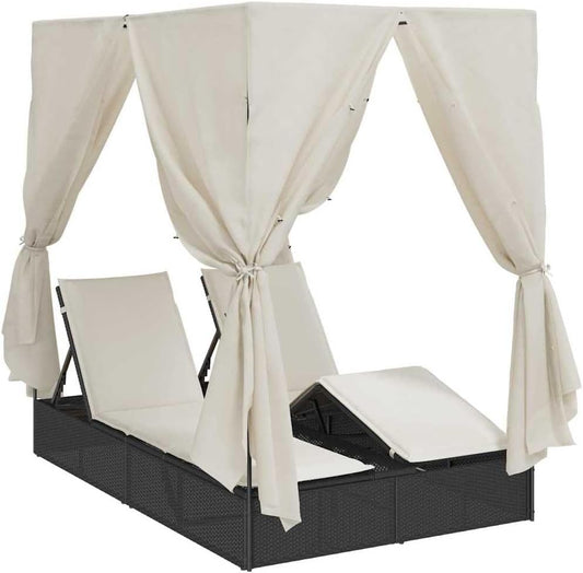 vidaXL Lounger 2-person with roof and curtains poly rattan black - QUORE