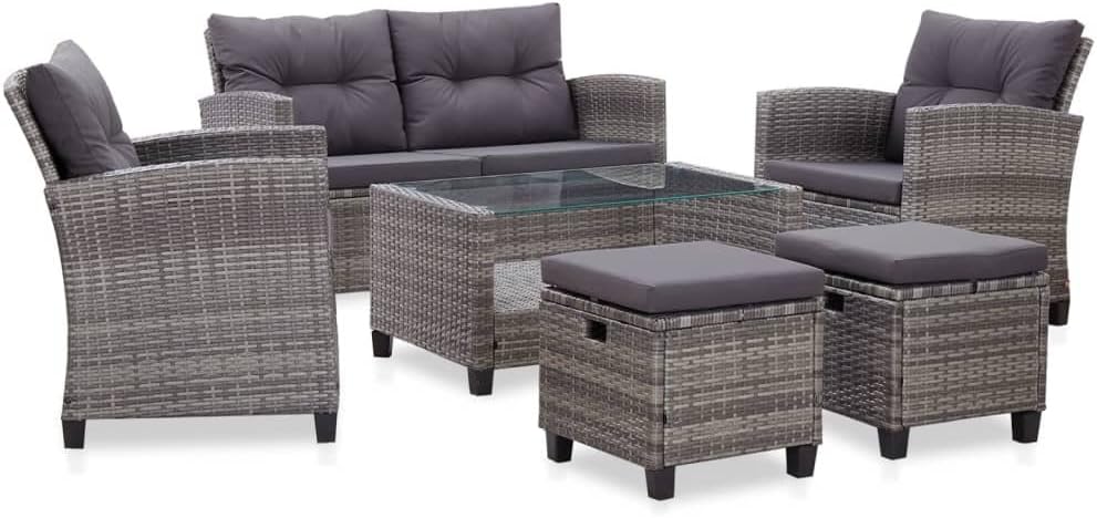 vidaXL Lounge Set with Cushions 6-Piece Garden Set Furniture Set Garden Garden Furniture Set Lounge Furniture Set Lounge Furniture Lounger Furniture Poly Rattan Black - QUORE