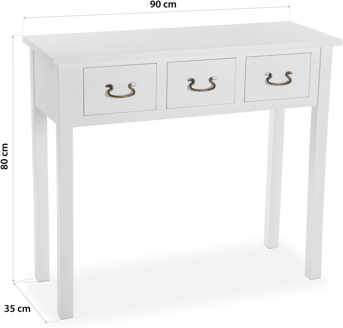 Versa Niza Smalle hal of vestibule Entree hal meubilair, Console Tafel, met 3 laden, Afmetingen (H x B x H) 80 x 35 x 90 cm, Hout, Kleur Wit