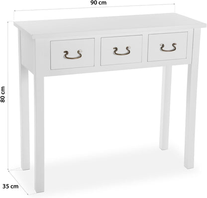 Versa Niza Smalle hal of vestibule Entree hal meubilair, Console Tafel, met 3 laden, Afmetingen (H x B x H) 80 x 35 x 90 cm, Hout, Kleur Wit