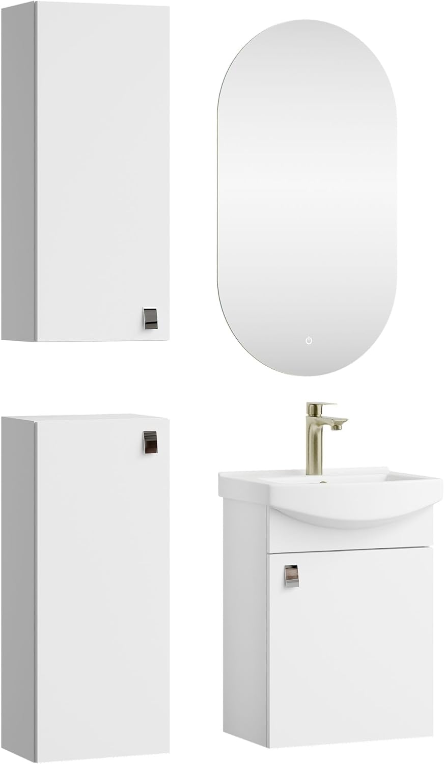 Planetmöbel Bathroom Cabinet Set Wash Basin with Bath Furniture 45 x 60 x 33 cm, Mirror with Lighting 50 x 90 cm, 2X Midi Cabinets for Bathroom & Guest Toilet, White - QUORE