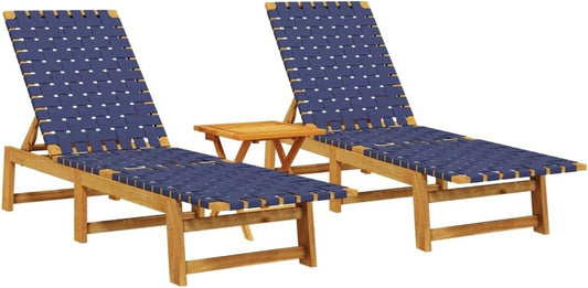 Sun Loungers with Table, Dark Blue, Solid Acacia Wood, Outdoor Garden Lounger, Garden Lounger, Sun Lounger for Garden, Sun Lounger - QUORE