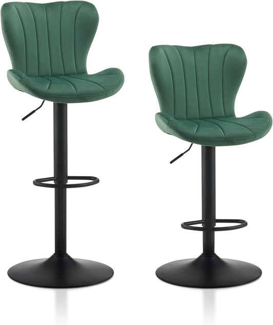 TUKAILAI Barkruk, set van 2, fluweel, barstoel, in hoogte verstelbaar, 360 graden draaibaar, kruk met rugleuning, voetensteun, metalen frame, moderne schaalvorm, keukenkruk, barkruk voor keukenbars