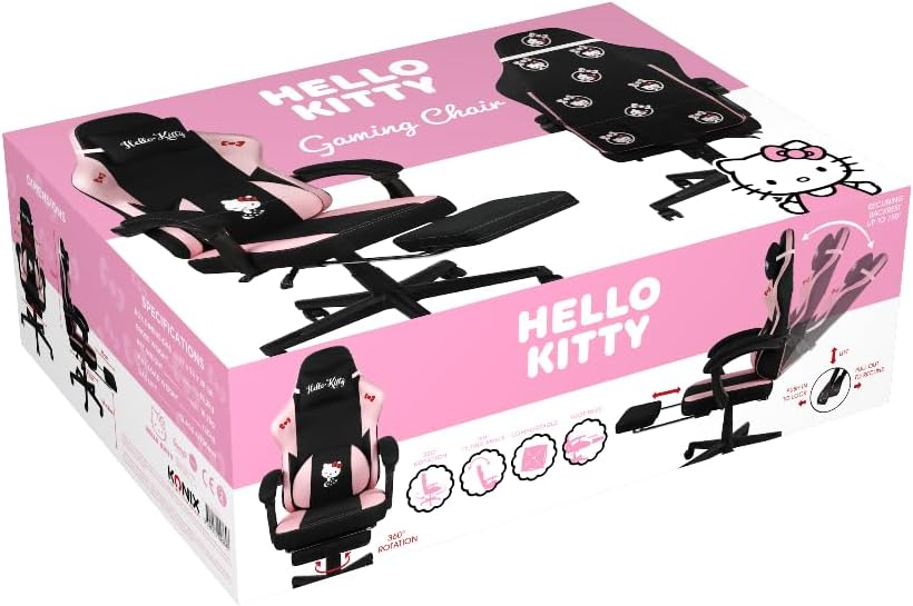Konix Hello Kitty Gaming-bureaustoel, zithoek 150 graden, frame van hout en metaal, kussens, voetensteun, zwart en roze