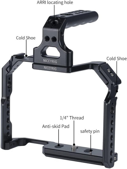 Camerakooi met Bovenhandgreep voor 90D/80D/70D – Camera Cage – DSLR Rig – Camera Rig – Videokooi – Aluminiumlegering – NATO Rail en 2 Cold Shoe