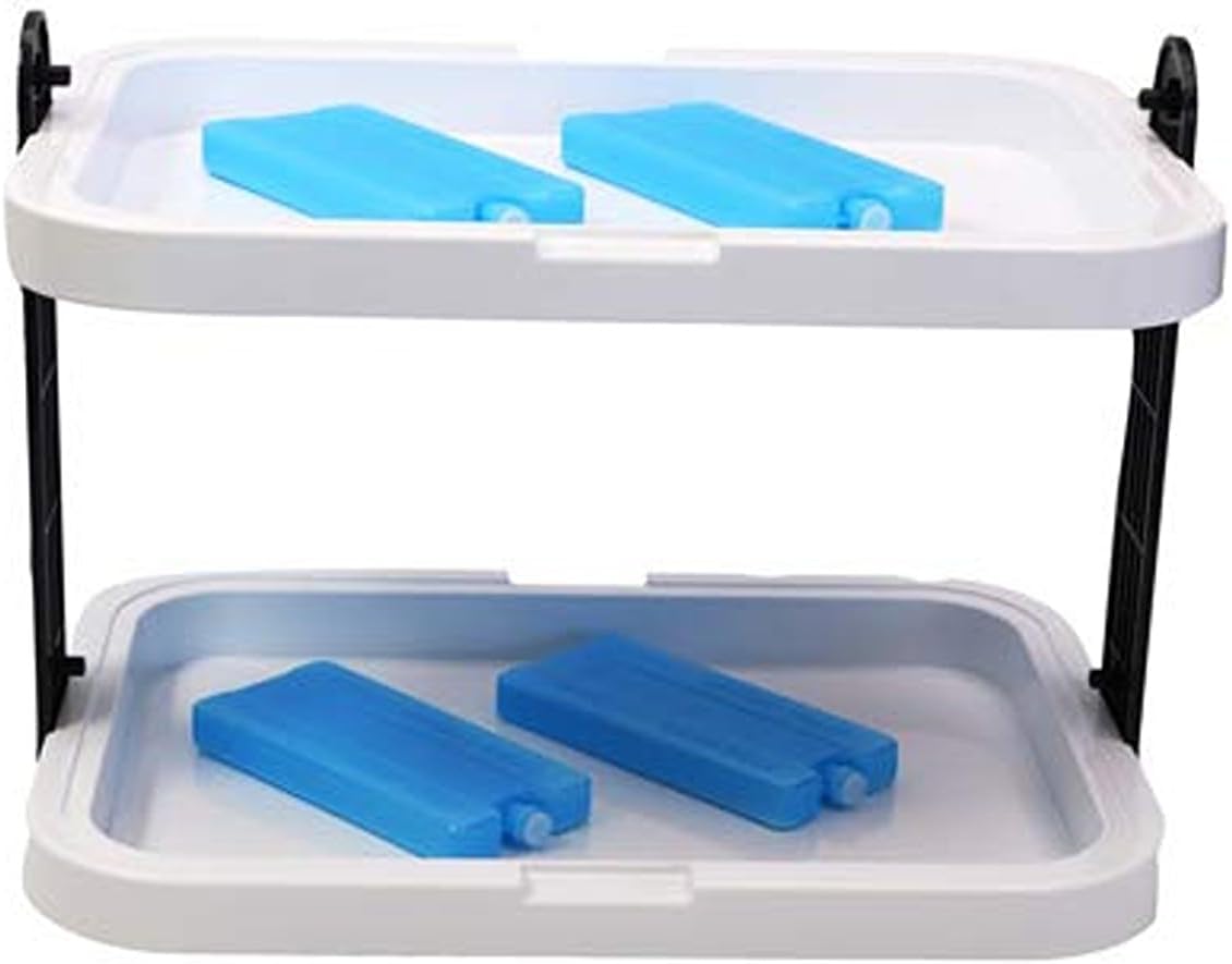 APS 9200 Buffetvitrine, dubbeldekker, 2 aan beide zijden openklapbare, transparante roldeksels, 2 roestvrijstalen tablets, 4 koelaccu's, ruimtebesparend op te bergen, made in Germany, wit, groot