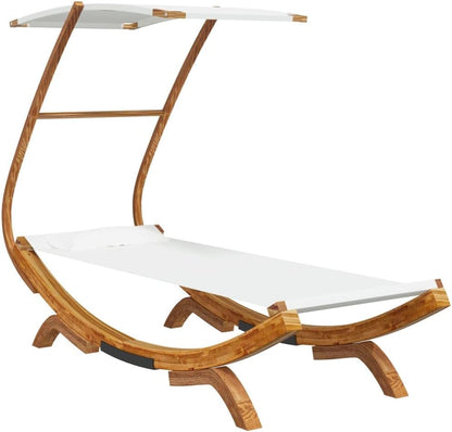 Zonnebad, ligbed met luifel, 100 x 190 x 134 cm, massief gebogen hout, crèmekleurig, ligstoel, voor buiten, strandligstoel, ontspanning, voor tuin, terras, balkon, camping - QUORE