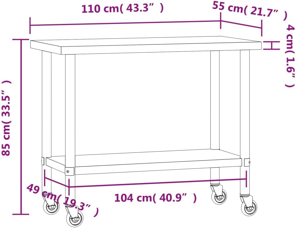 Keukenwerktafel met wielen – Werktafel – Bereidingstafel – Voedselbereidingsbank – Cateringwerkblad – Roestvrij Staal – 110 x 55 x 85 cm