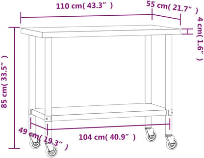 Keukenwerktafel met wielen – Werktafel – Bereidingstafel – Voedselbereidingsbank – Cateringwerkblad – Roestvrij Staal – 110 x 55 x 85 cm