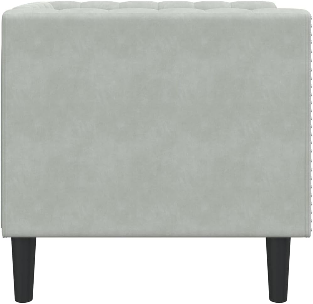 Chesterfield-fauteuil, lichtgrijs, fluweel, comfortabele gestoffeerde stoel met knoopstiksels en steunpoten voor woonkamer ontspanning