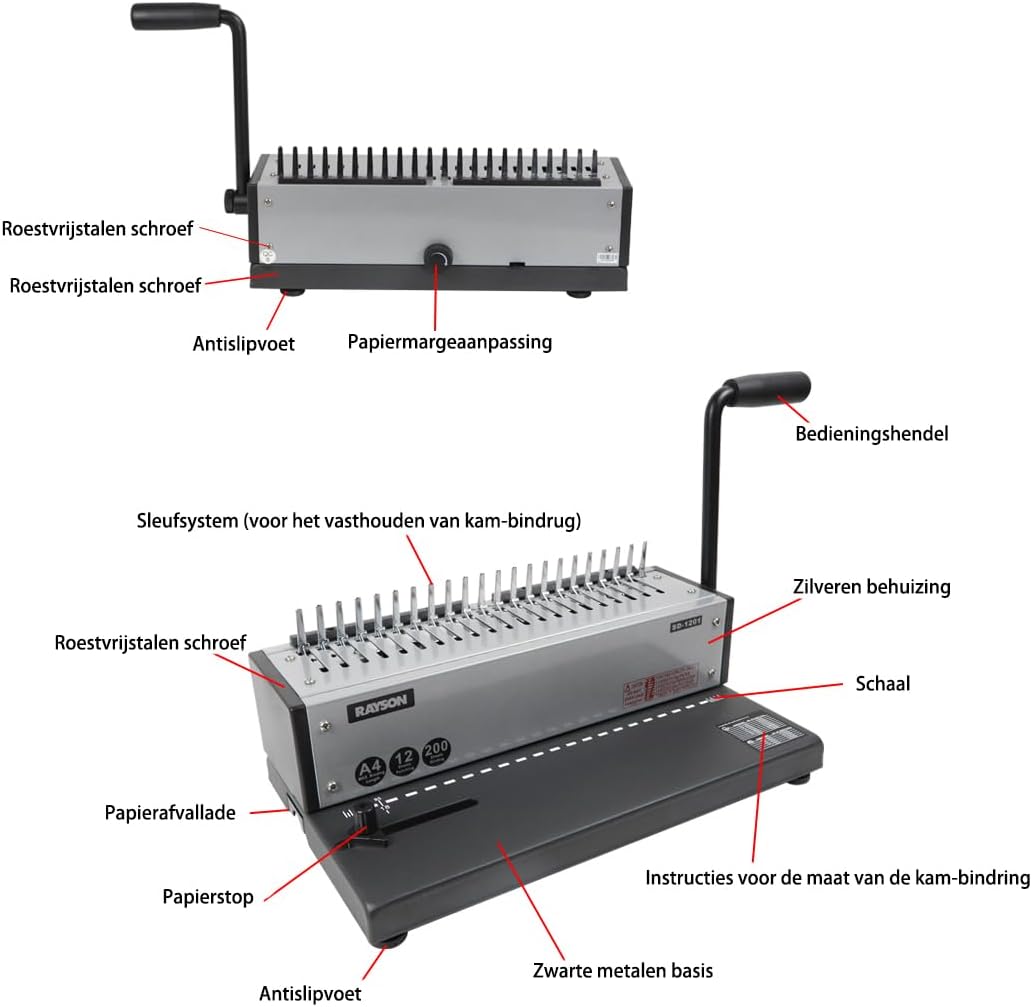RAYSON SD-1201 Plastic kambindmachine, 21 gaten, perforeert 12 A4-bladzijden, bindt tot 200 pagina’s