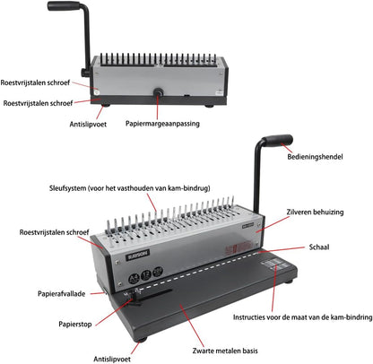 RAYSON SD-1201 Plastic kambindmachine, 21 gaten, perforeert 12 A4-bladzijden, bindt tot 200 pagina’s