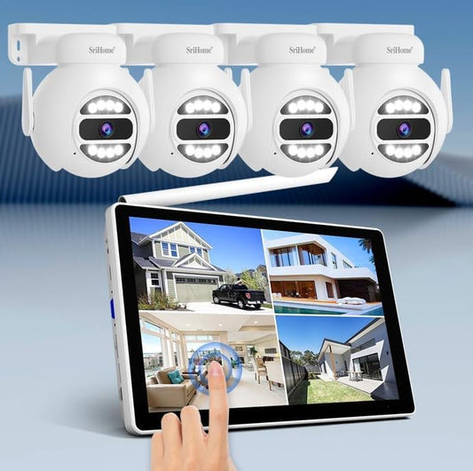 SriHome WiFi videobewakingsset, 4 camera's 5 MP, monitor 10,1 inch, nachtzicht, bewegingsdetectie, afstandsbediening