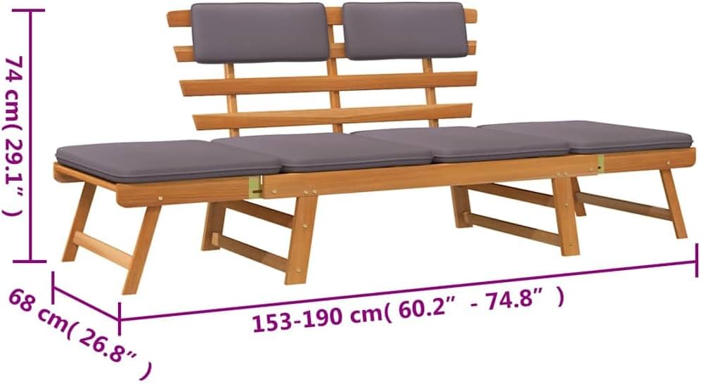 vidaXL Lounger with cushion 2-in-1 190 cm solid acacia wood