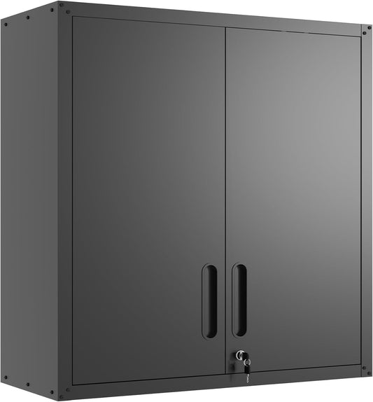 Garage wandkast met deuren en planken, metalen wandkast met slot, hangende gereedschapskast voor garage, utility kamer, zwart
