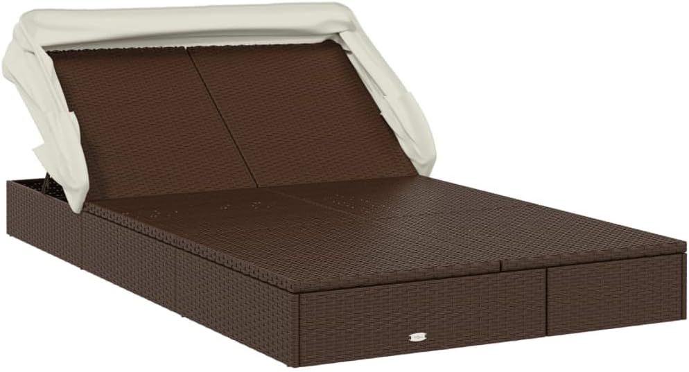Foldable Double Sun Lounger Made of Poly Rattan with Adjustable Roof and Cushion, Weatherproof Material for Outdoors, Sturdy Steel Frame, Ideal - QUORE