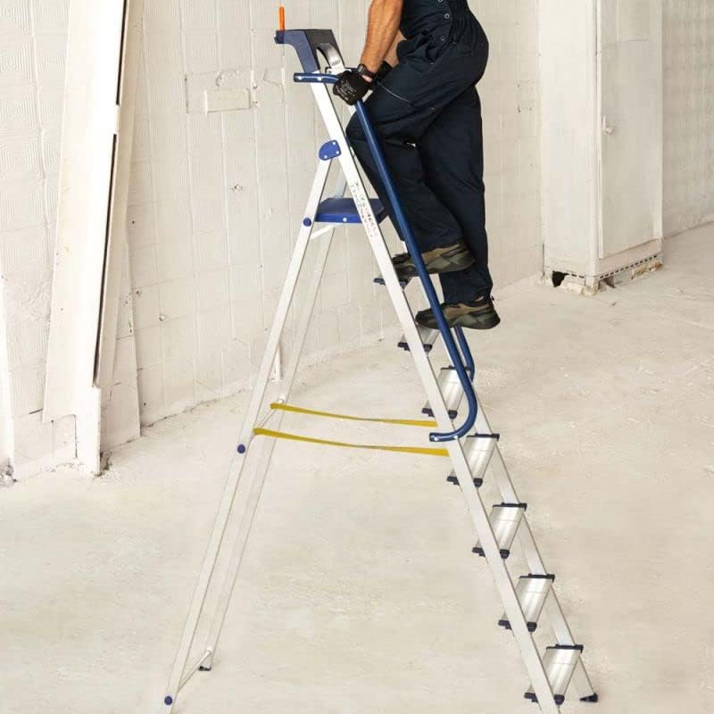Trapladder met 8 treden Secure Pro, versterkt aluminium, beveiligd met leuningen, gereedschapshouder, platformhoogte 182 cm, belasting 150 kg