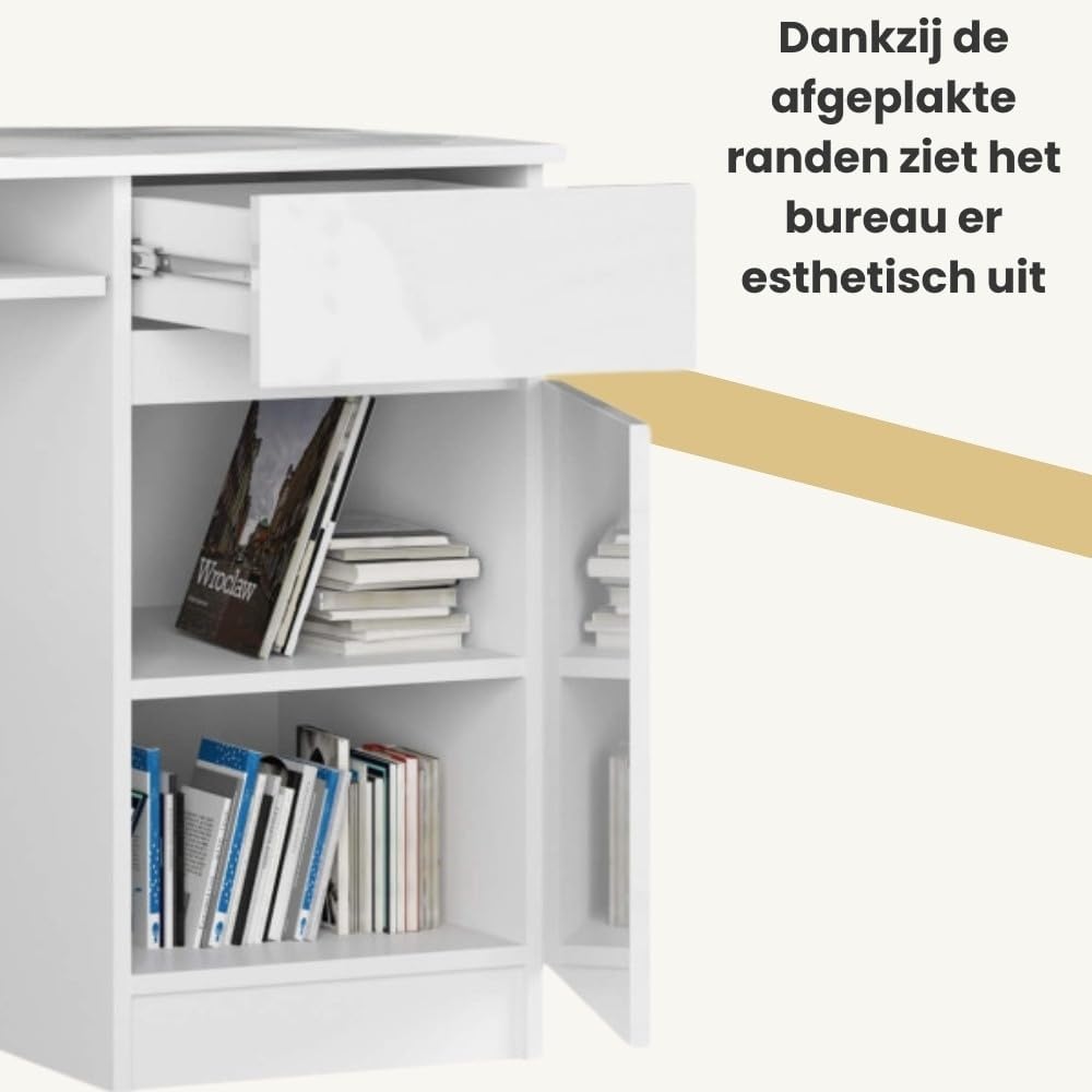 PC Desk A5 with Keyboard Shelf, Office Desk, Computer Table, Desk Table with Keyboard Shelf, 2 Drawers and 2 Door Shelves, W135 x H77 x D50 cm, 58 kg, White/White Glossy - QUORE