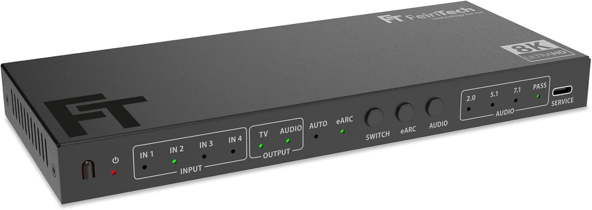 FeinTech SW411 HDMI 2.1 Switch 4-in-1 Out met audio-extractor voor geluidssystemen met HDMI-, Toslink- en AUX-ingang, ondersteunt 4K 120Hz & 8K