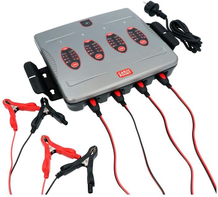 Acculader 12V – Batterijlader – Loodzuurlader – Accuoplader – Batterijoplader – Vier Accu’s Gelijktijdig Opladen – Volautomatische Vijfstaps Oplaadcyclus – IP64 Spatwaterbestendig