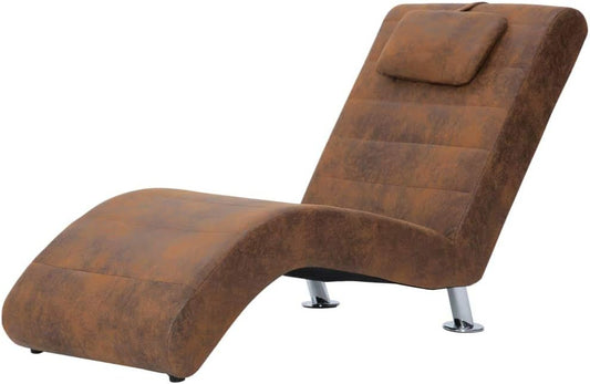 Relax Chair with Cushion, Chaise Lounge with Galvanised Steel Legs, Relax Chair for Living Room, Modern Recamiere with Polyester Chaise Lounge, Brown Suede Look - QUORE