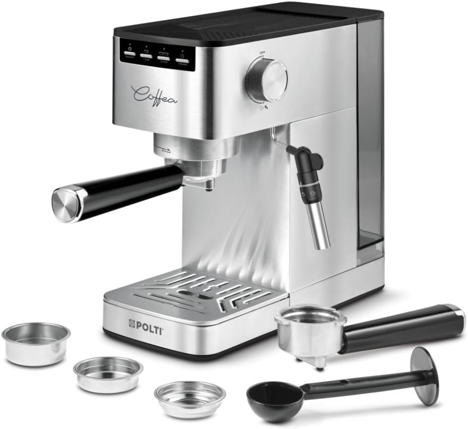 Polti Coffea P10S Handmatig koffiezetapparaat voor espresso en cappuccino, compatibel met gemalen koffie en E.S.E-pads, 44 mm, steamymilk voor het opschuimen van melk, afneembare tank van 1,3 l,