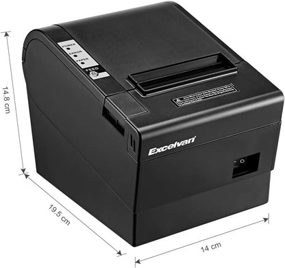 Excelvan Thermische printer, 80 mm, 300 mm/s, hoge snelheid, draagbaar, automatisch, met seriële poort, USB-poort, ladedeur, voor restaurant ESC/POS Shop