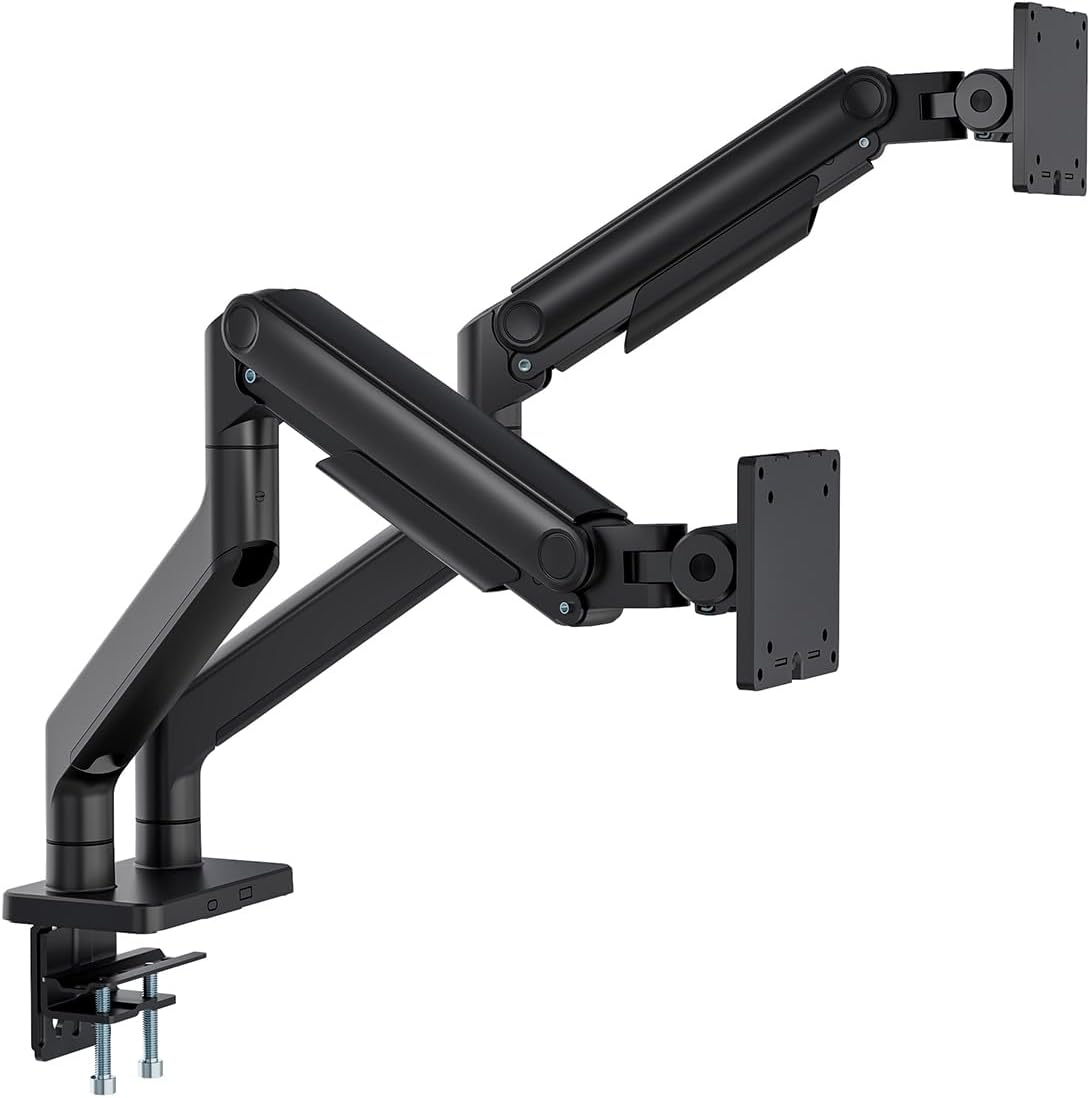 DIGITUS monitorbeugel – 2 schermen – tot 45 inch – draagvermogen 20 kg – mechanische veer – voor platte en gebogen monitoren – VESA 75x75 100x100 – draaien, zwenken, kantelen – zwart
