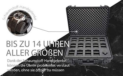 MC-CASES ® Draagkoffer voor maximaal 14 horloges, reiskoffer, waterdicht, afsluitbaar, perfect voor op reis, extreem beschermd, Made in Germany, zwart, ruimte voor 14, zwart., Platz für 14 Uhren,
